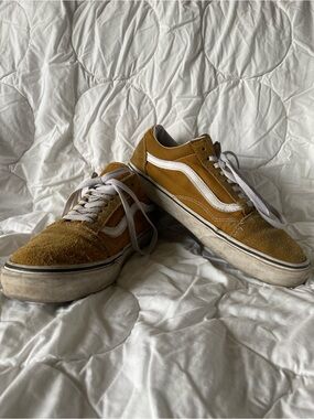 Vans Men's Old Skool Sneakers Well Worn in Mustard Yellow with White Stripe